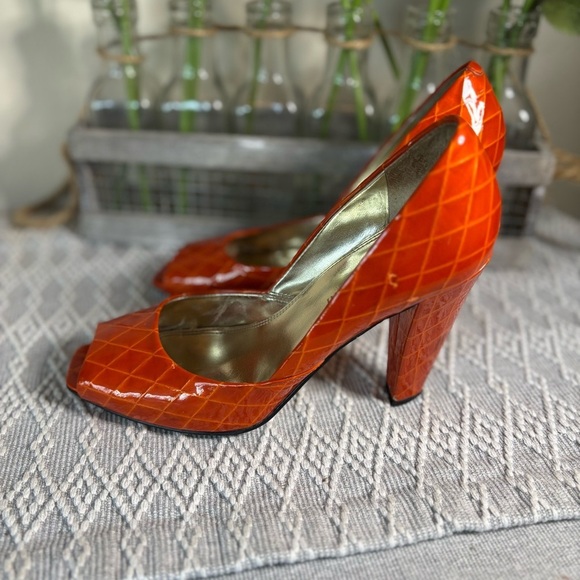 Enzo Angiolino’s ‘Eagemma’ Vibrant Orange Diamond Peep Toe‎ Heels - Size 5 1/2 M - Picture 6 of 13